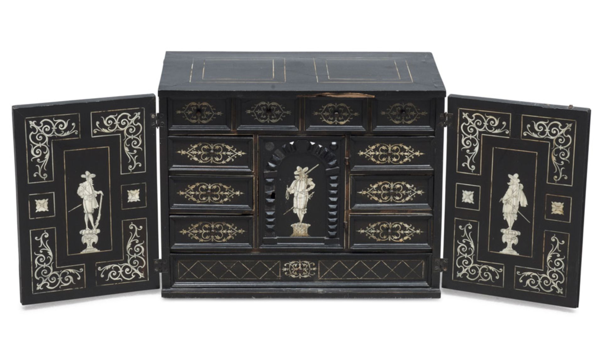SMALL COIN CABINET IN EBONY, LOMBARDY SECOLO with ivory inlays of plant motifs and figures of