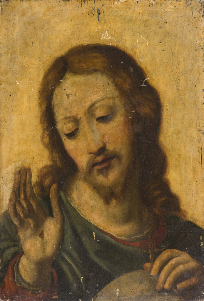 TUSCAN MANNERIST PAINTER, SECOND HALF OF THE 16TH CENTURY SALVATOR MUNDI Oil on panel, cm. 55 x 38