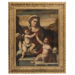 TUSCAN PAINTER, 16TH CENTURY VIRGIN WITH CHILD AND ST. JOHN INFANT IN LANDSCAPE Oil on canvas, cm.