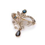 FANTASY BROOCH in silver and gold with design of scrolls and stylized racemes, embellished by rose