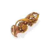 BROOCH in yellow gold 14 kts., shaped to cornucopia decorated with one thread of pearls, leaves