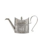 SMALL SILVER TEAPOT, PUNCH LONDON 1895 oval base, body embossed with figures and ornaments.