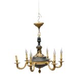 BRONZE CHANDELIER, EMPIRE STYLE, EARLY 20TH CENTURY of green and gold patina, with six leafy arms