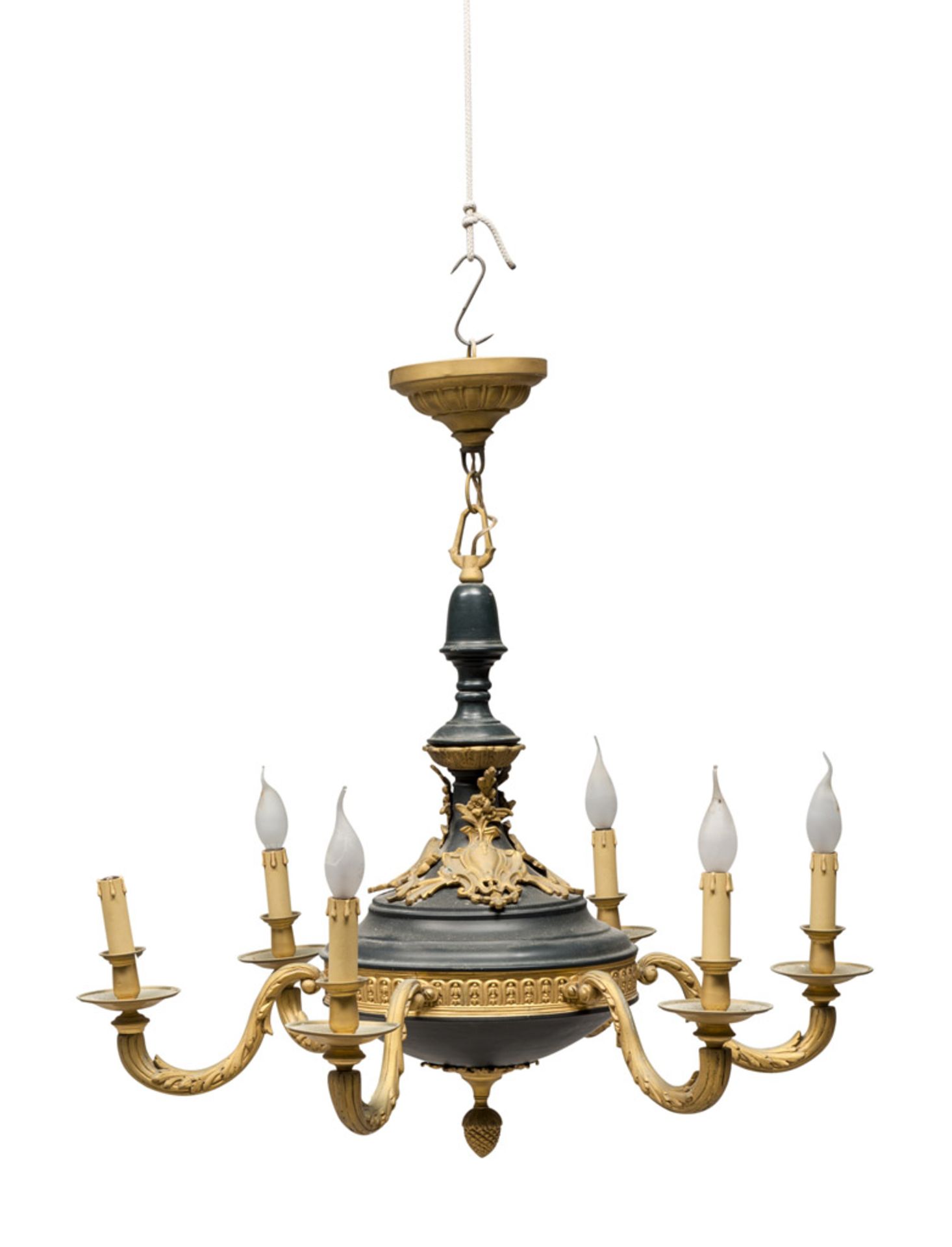 BRONZE CHANDELIER, EMPIRE STYLE, EARLY 20TH CENTURY of green and gold patina, with six leafy arms