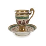 CUP AND SAUCER IN PORCELAIN, EMPIRE PERIOD polychrome and gold enameled, decorated with classical