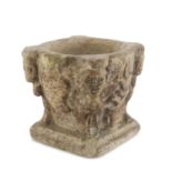 RARE MORTAR IN WHITE MARBLE, MEDIEVAL PERIOD basin sculpted to coat of arms and vase with plant,