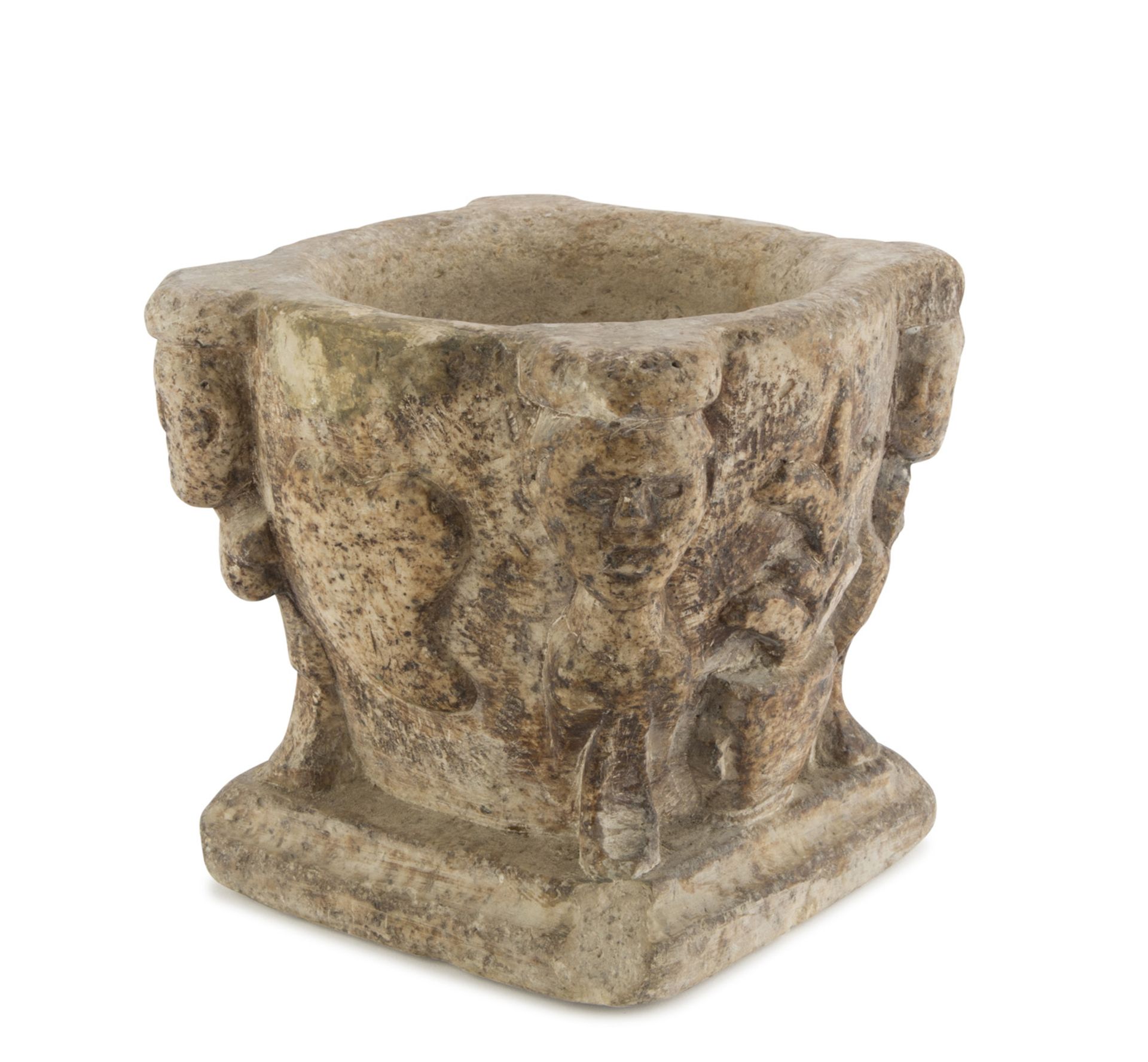 RARE MORTAR IN WHITE MARBLE, MEDIEVAL PERIOD basin sculpted to coat of arms and vase with plant,