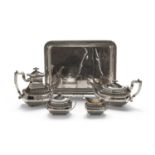 SILVER-PLATED TEA SERVICE, 20TH CENTURY with fluted edges and separators in bone. Consisting of