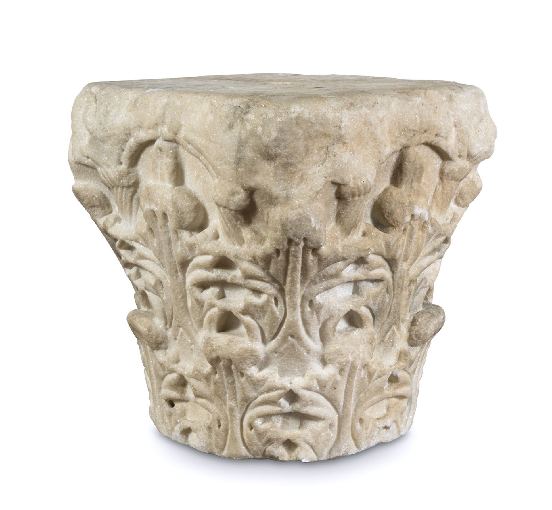 CORINTHIAN CAPITAL IN WHITE STATUARY MARBLE, ROME 4TH CENTURY A.C. with leaf crowns. Example of