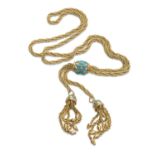 SLIDER NECKLACE in yellow gold 18 kts., with twisted chain and final tassels with turquoise inserts.