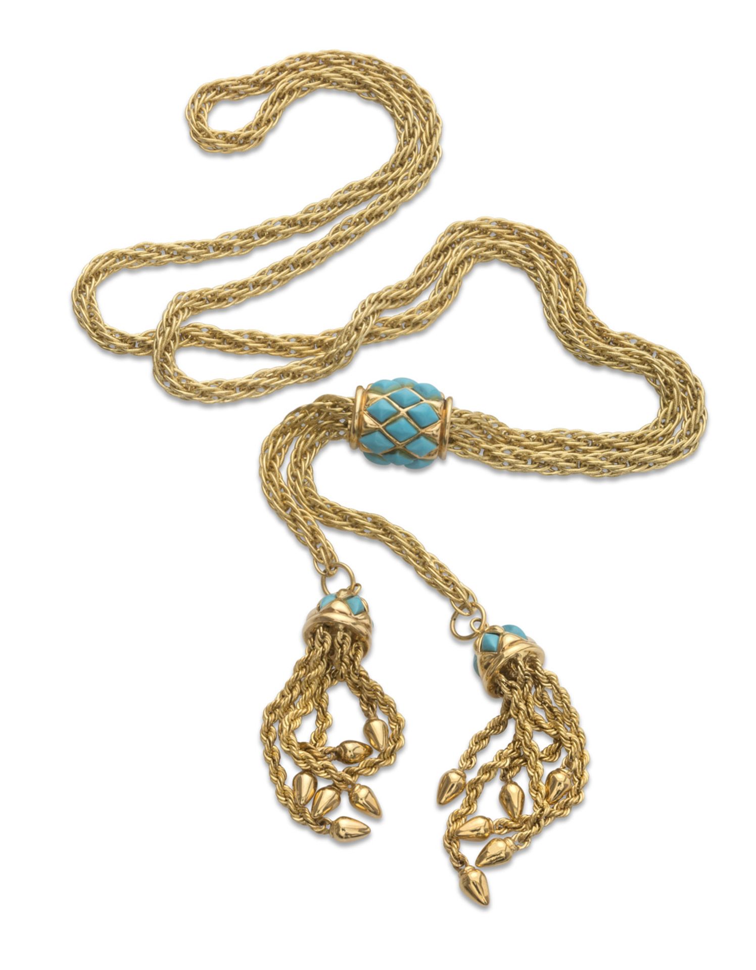 SLIDER NECKLACE in yellow gold 18 kts., with twisted chain and final tassels with turquoise inserts.