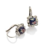 EARRINGS in white gold 18 kts., and elements in blue enamel with painted little flower. Measures cm.