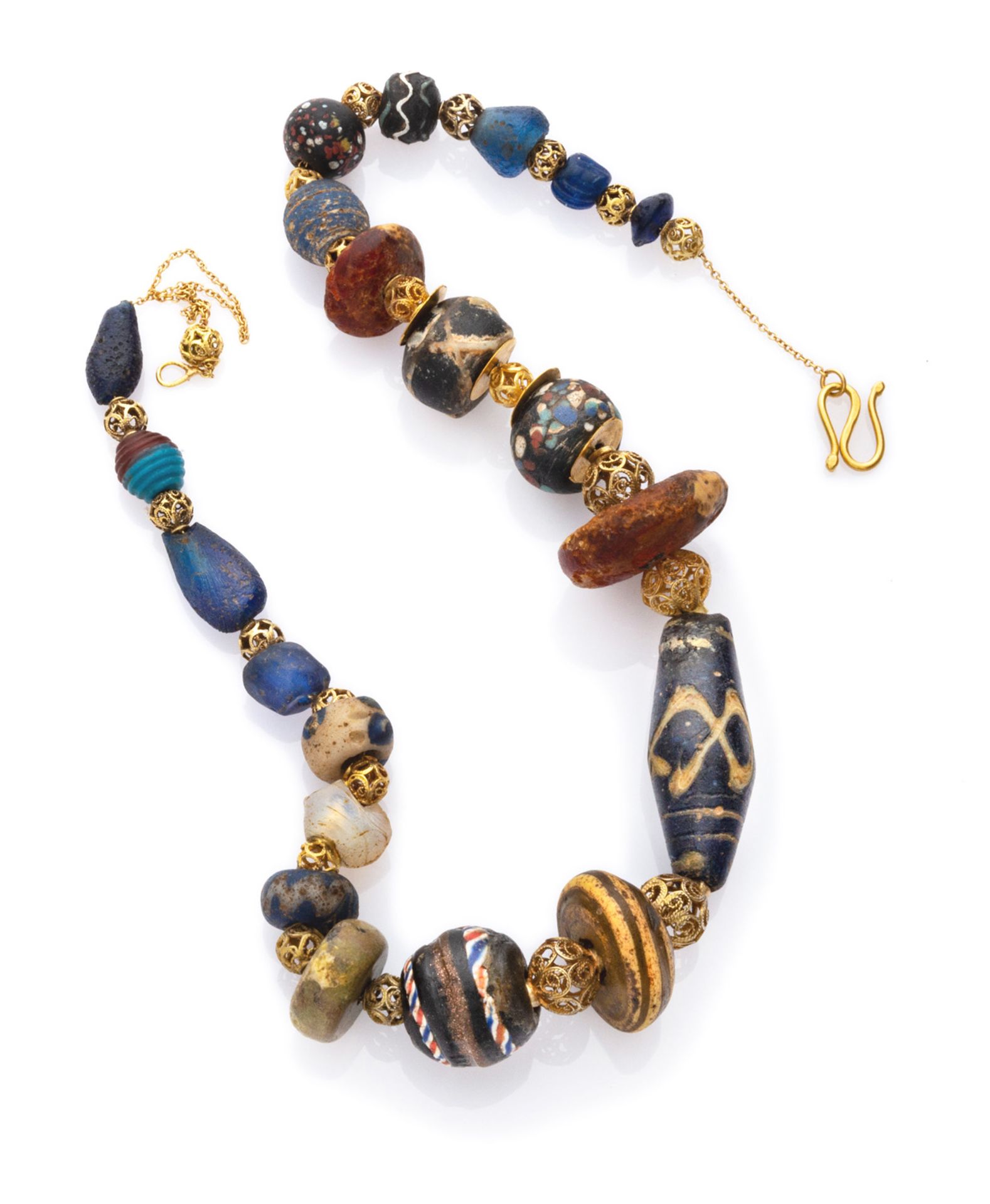 MAGNIFIQUE NECKLACE with elements in antique Faïance of different colors alternated by small pierced