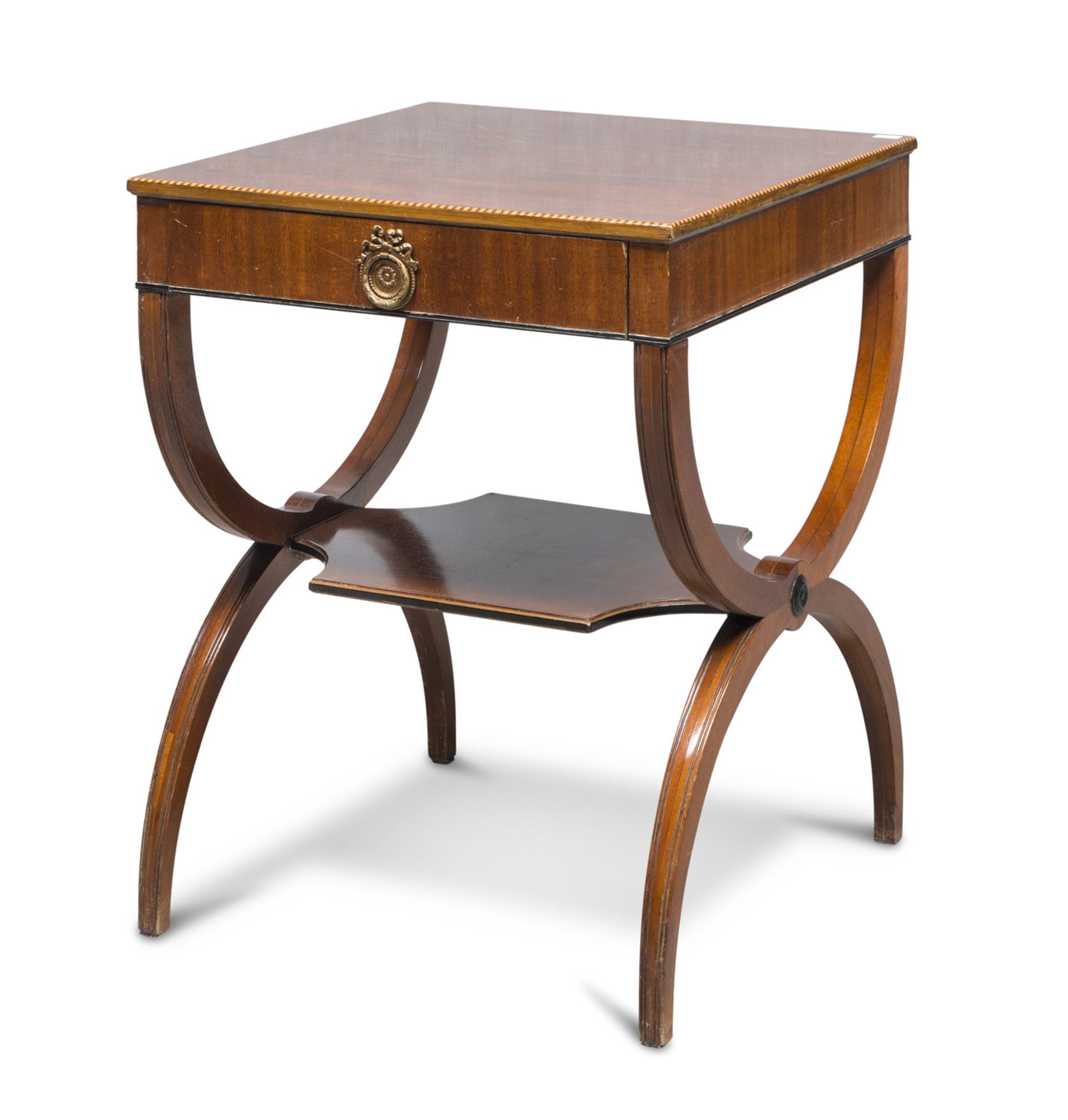 SMALL TABLE IN ASH, BIEDERMAIER PERIOD Tabouret top with one drawer, gondola legs. Measures cm. 72 x