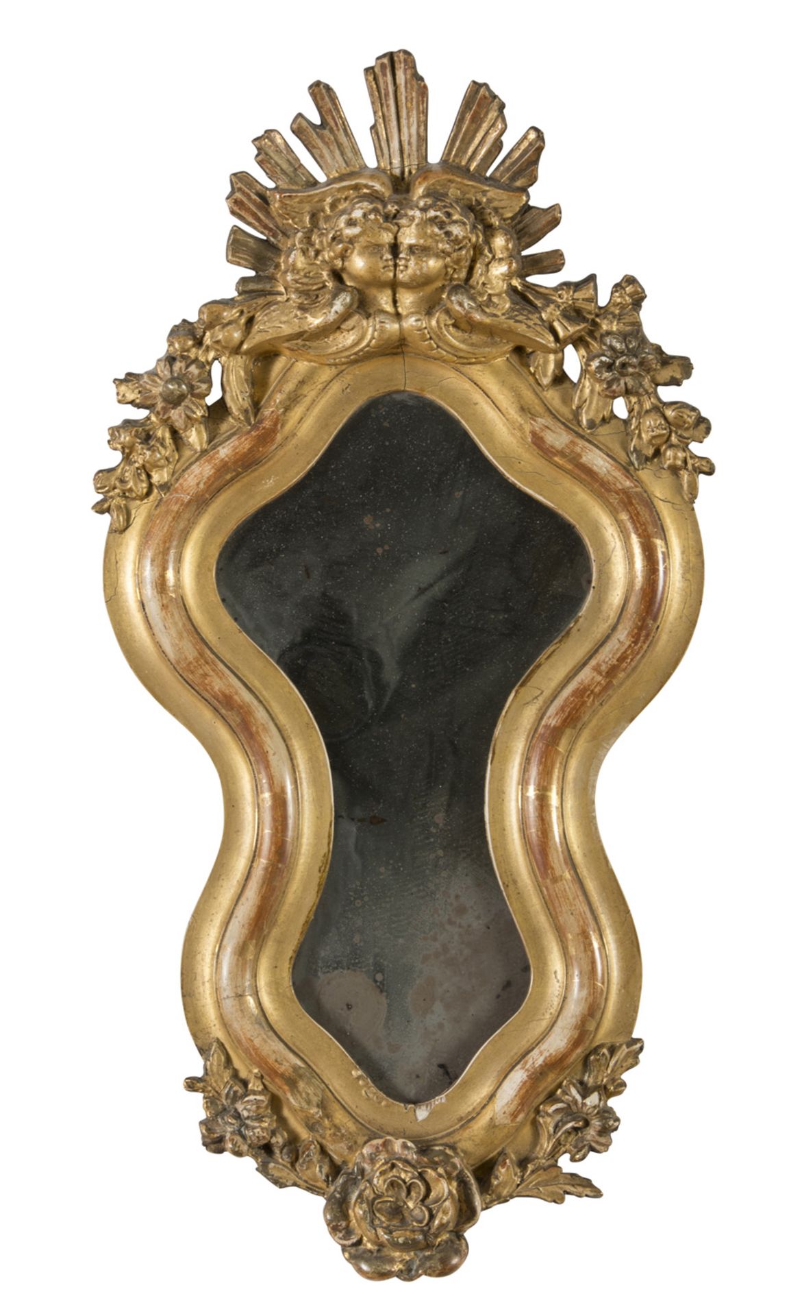 SMALL MIRROR IN GILDED WOOD AND PLASTER, 19TH CENTURY with shaped frame and I decorate on the hat to