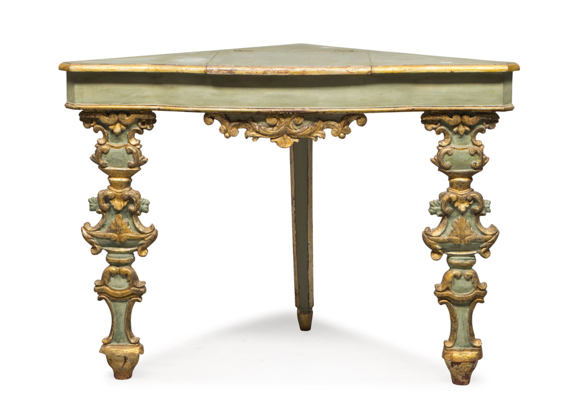 ANGULAR TABLE IN GREEN AND GOLD LAQUERED WOOD, ELEMENTS OF THE 18TH CENTURY