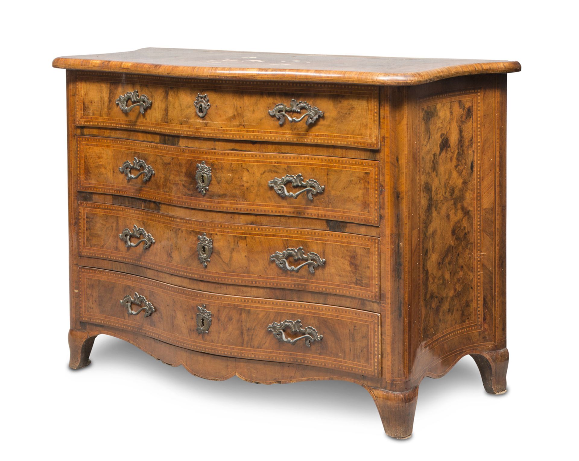 BEAUTIFUL COMMODE IN WALNUT AND BRIAR WALNUT, PIEDMONT 18TH CENTURY with inlays and threads in