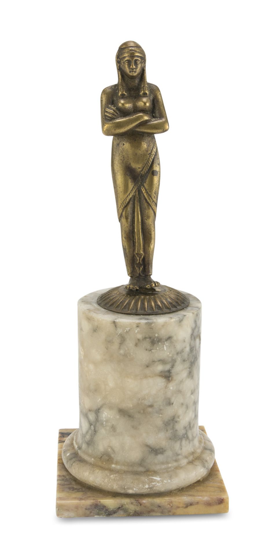 USHABTI In Ormolu, Early 20TH CENTURY with column base in grey marble. Measures cm. 14 x 55. USHABTI