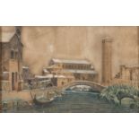 ITALIAN PAINTER, 19TH CENTURY RIVER TOWN Watercolour on paper-board, cm. 32,5 x 51 Monogrammed and