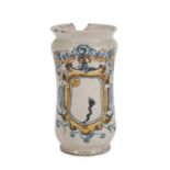 SMALL ALBARELLO IN MAIOLICA, LATE CAMPANIAN WORKSHOP 18TH CENTURY in white, blue and yellow