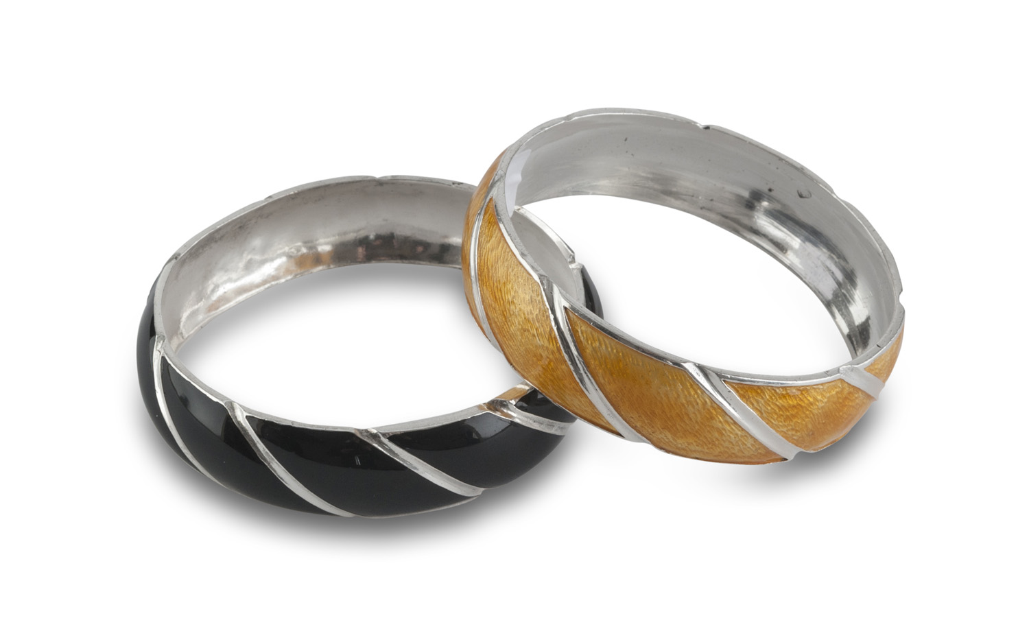 TWO RIGID BRACELETS in silver and enamel on black ground and yellow. Punch Italy 20th century. Title