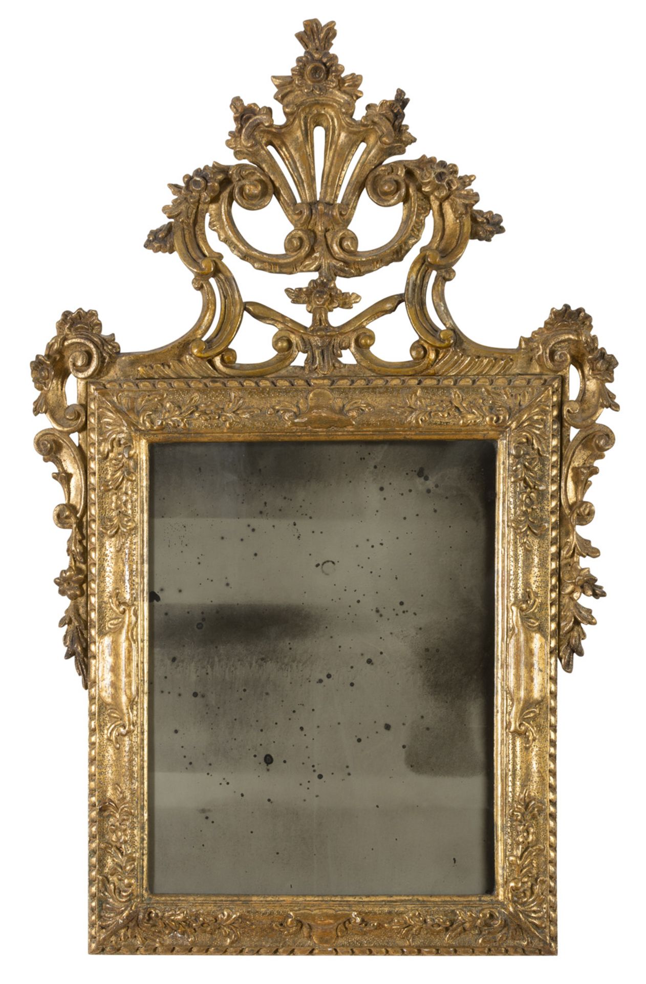 SMALL GILTWOOD MIRROR, PROBABLY NAPLES 18TH CENTURY frame graven to leaves cartouches, superior