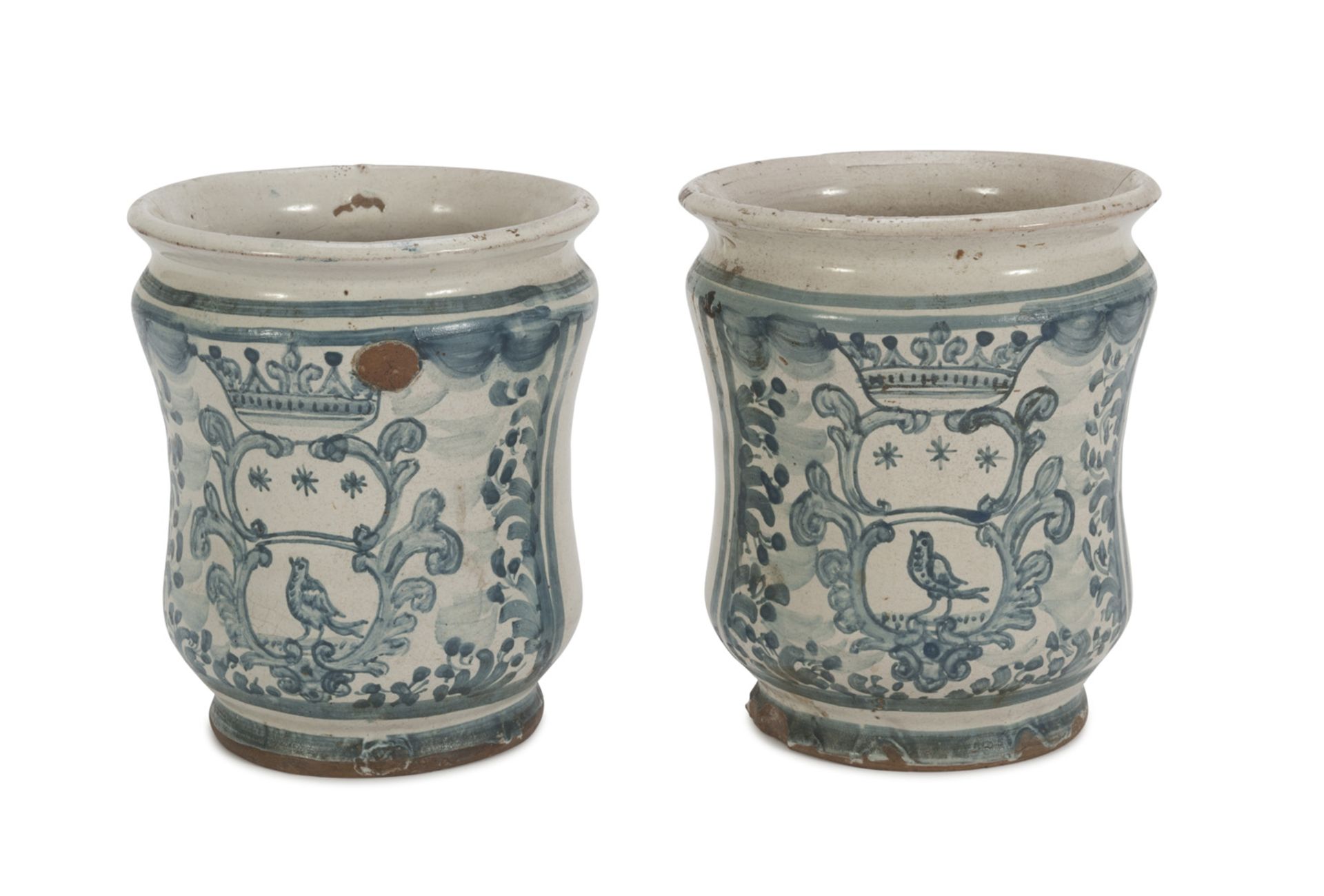 A PAIR OF SMALL PHARMACY VASES IN MAIOLICA, CAMPANIAN WORKSHOP 18TH CENTURY in white and blue