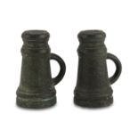 PAIR OF SMALL MORTARS IN BRONZE, 17TH CENTURY with ring mouth and ribbon handles. Body with