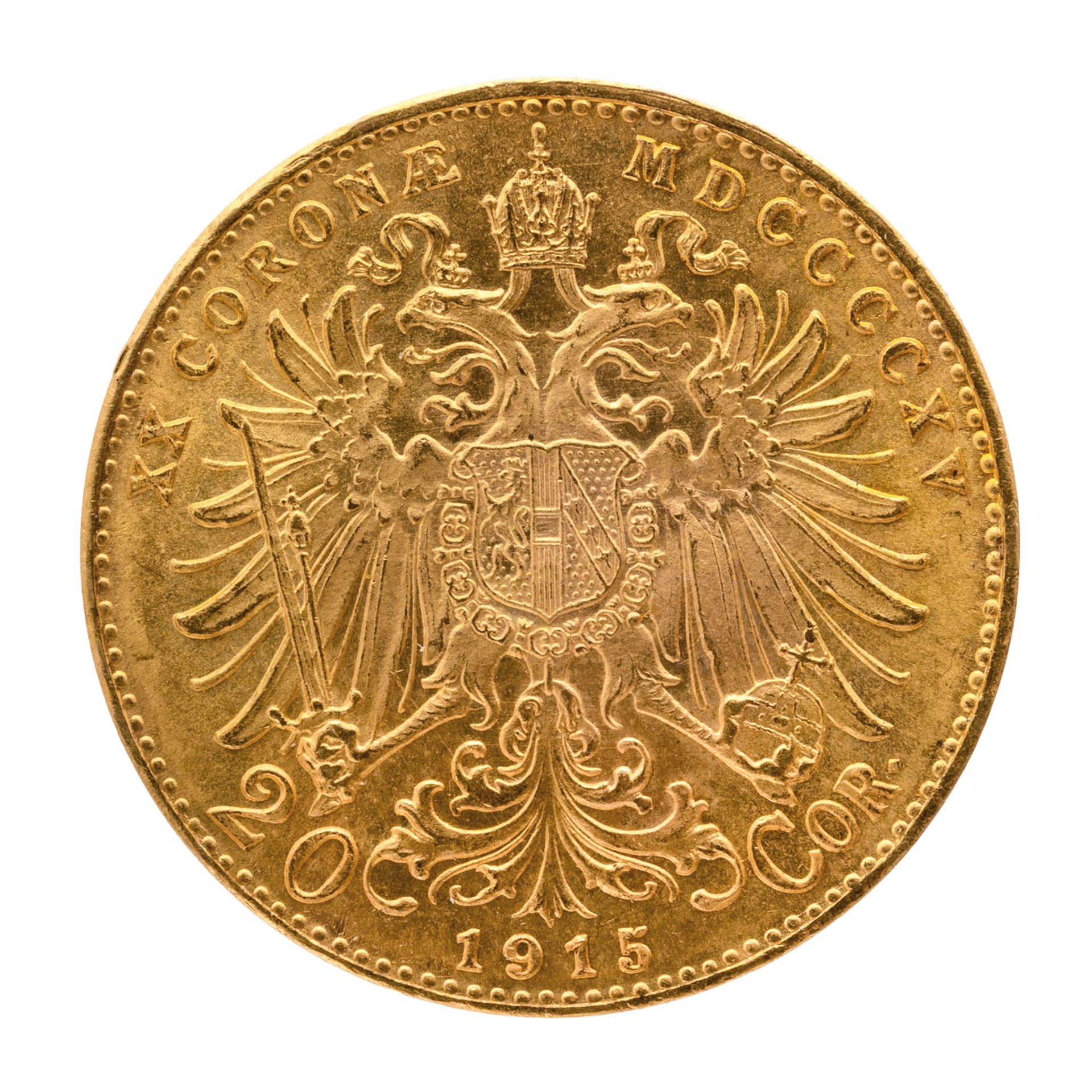 COIN OF 20 AUSTRIAN CROWNS 1915 Franz Joseph I, MDCCCCXV, official recoin. Mint of Vienna, common, - Bild 2 aus 2