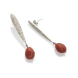 EARRINGS in white gold 18 kts., with drop elements studded with diamonds and pending red coral.