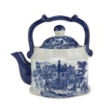 TEAPOT IN PORCELAIN, ENGLAND EARLY 20TH CENTURY in white and blue enamel, decorated with town views.