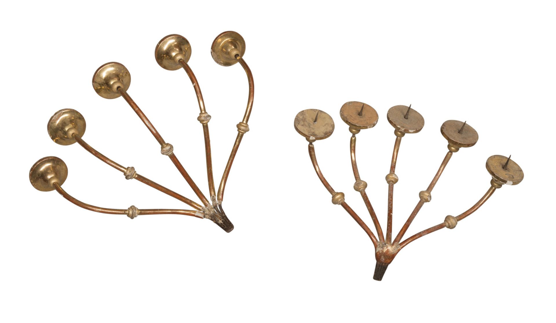 FOUR APPLIQUESS IN IRON AND GILTWOOD, LATE 18TH CENTURY of five arms each, with mobile sconces and