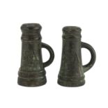 PAIR OF SMALL MORTARS IN BRONZE, 17TH CENTURY with ring mouth and ribbon handles. Initials 'SA',