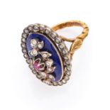 RING with mount in yellow gold 18 kts. and blue enameled silver, with raceme composition with rose