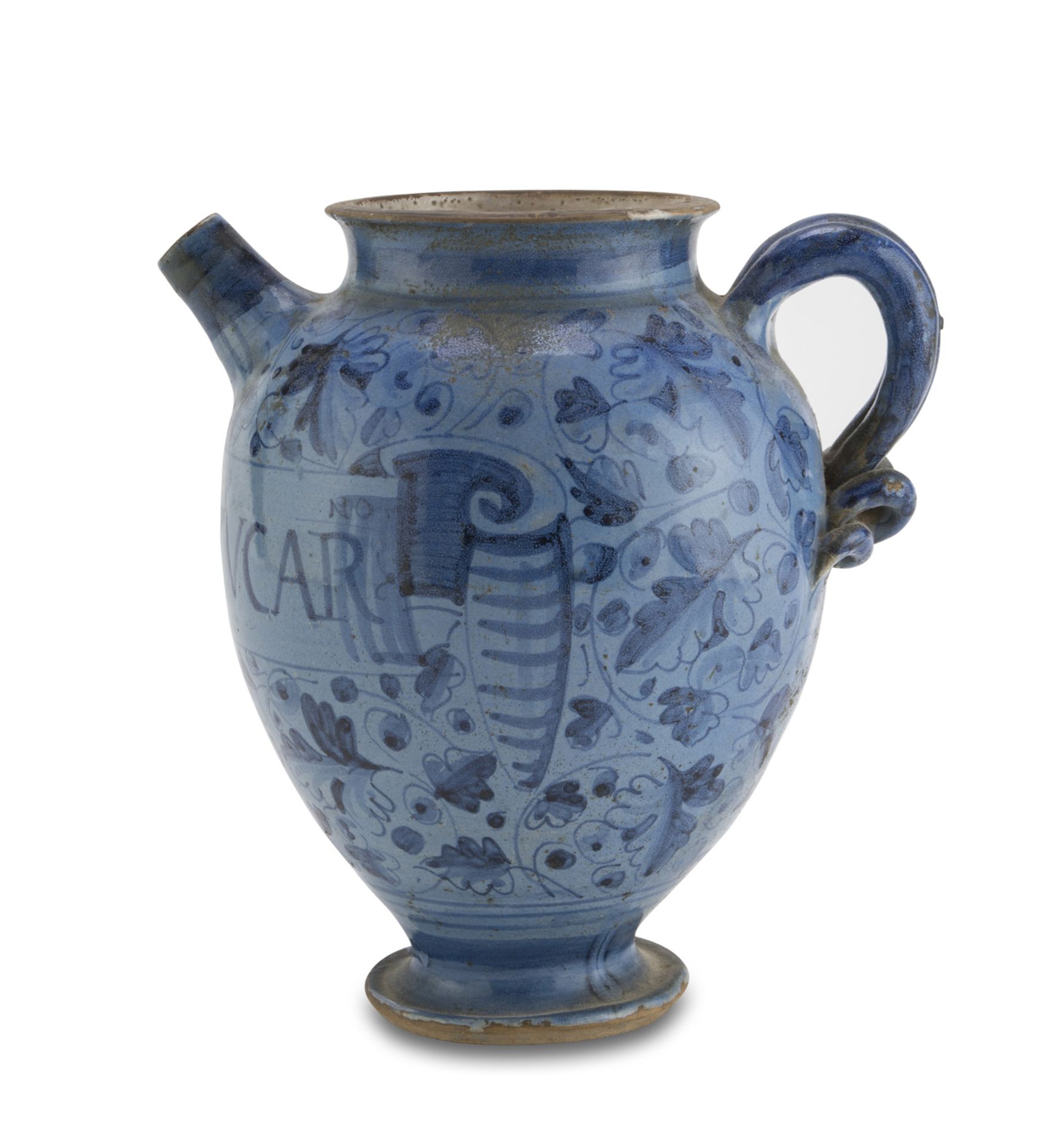 PHARMACY JUG IN MAIOLICA, ROME 18TH CENTURY in blue enamel, decorated with racemes and leaves and