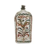 BOTTLE IN BLOWN GLASS, 18TH CENTURY Entirely painted with polychrome floral motifs. Metal stopper.