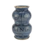 MIGNON ALBARELLO IN MAIOLICA, VENICE 19TH CENTURY cobalt ground with black and white enamel