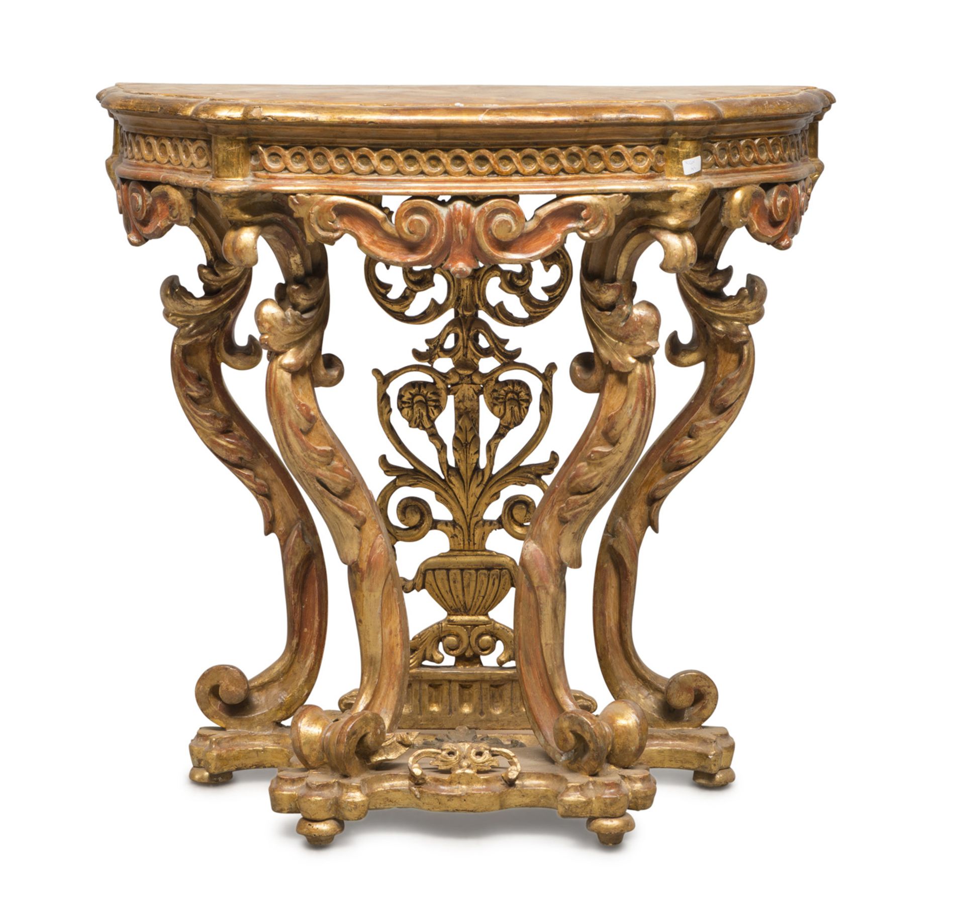 SMALL CONSOLE IN GILTWOOD, 18TH CENTURY with top in wood lacquered to yellow faux marble, four