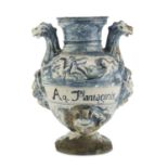 TWO-HANDLED AMPHORA IN MAIOLICA, SAVONA 19TH CENTURY in white and blue enamel, decorated with