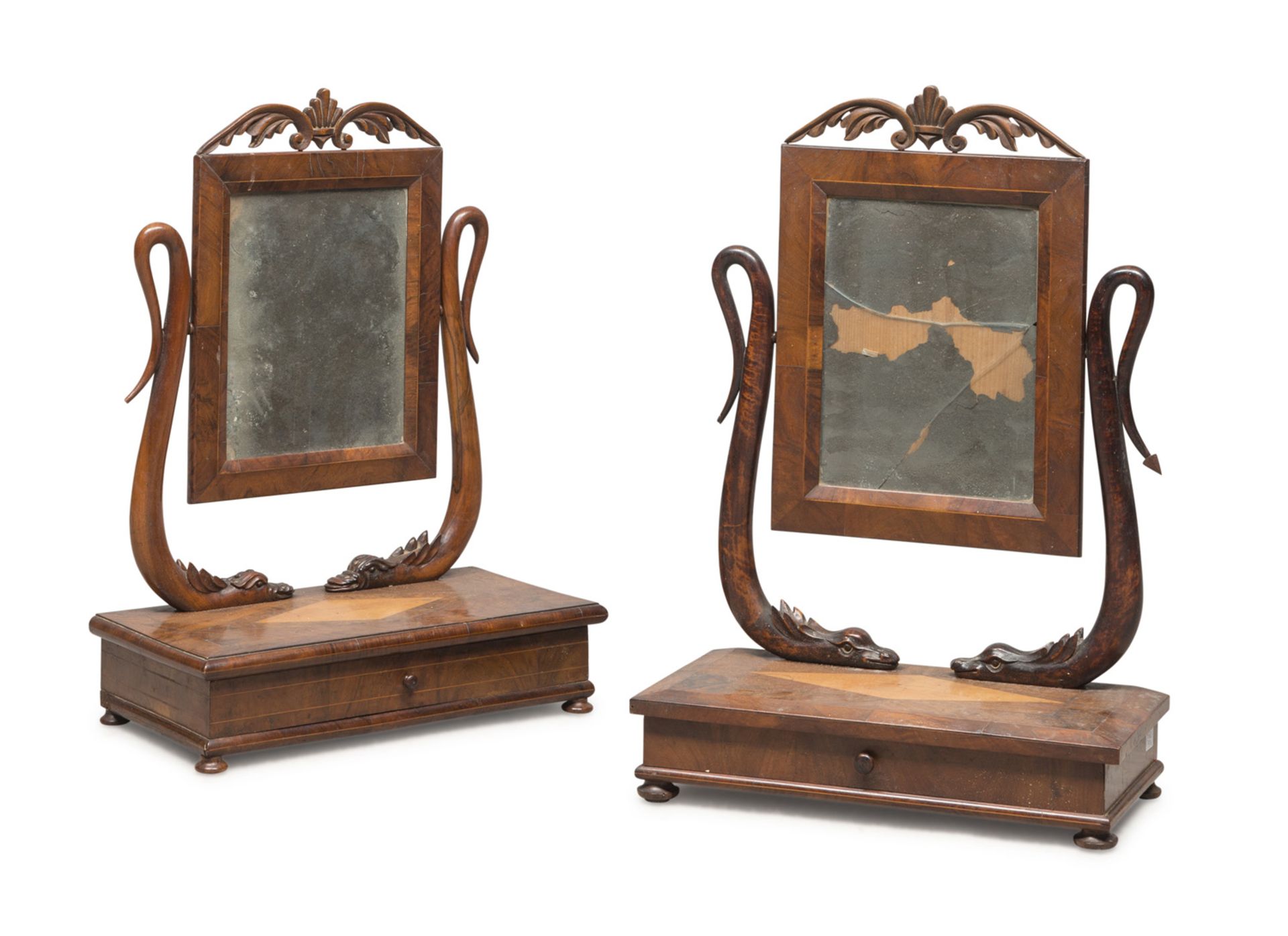 A PAIR OF TOILETS IN WALNUT AND HOLYWOOD, MARCHE FIRST HALF 19TH CENTURY with tilting mirrors and