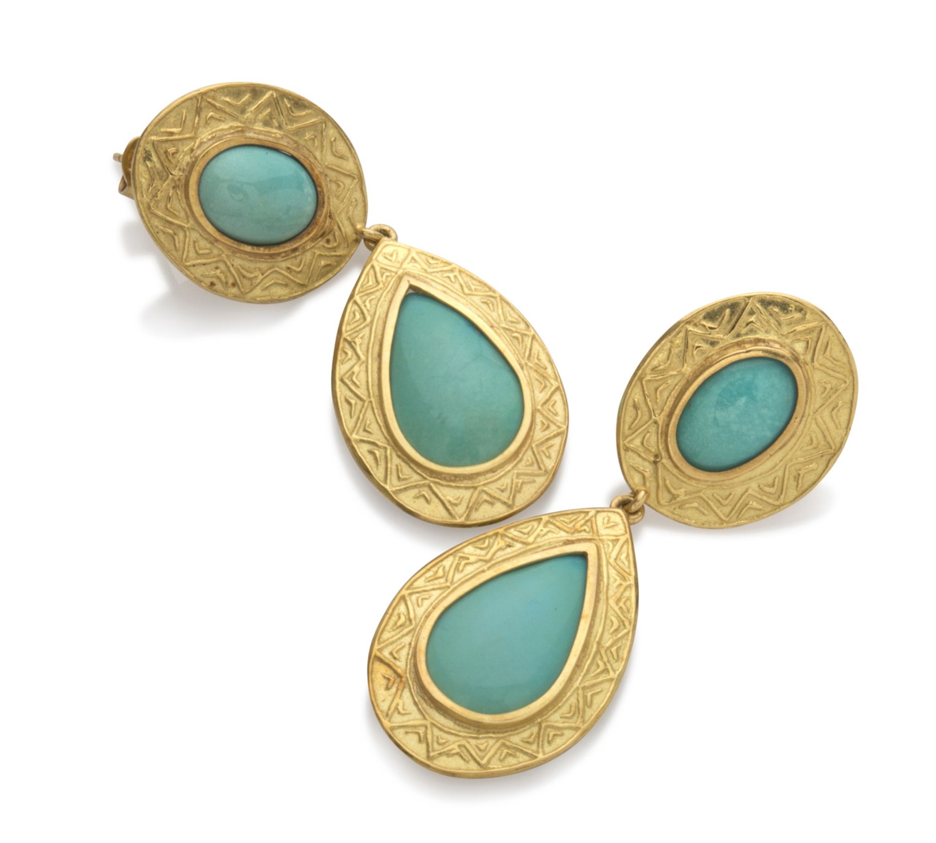 BEAUTIFUL EARRINGS in yellow gold 18 kts., with drop pending natural turquoises, embellished with