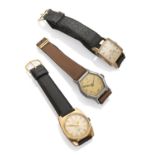 THREE MEN'S WRIST WATCHES in steel, laminated in gold with dials of various shapes. Leather