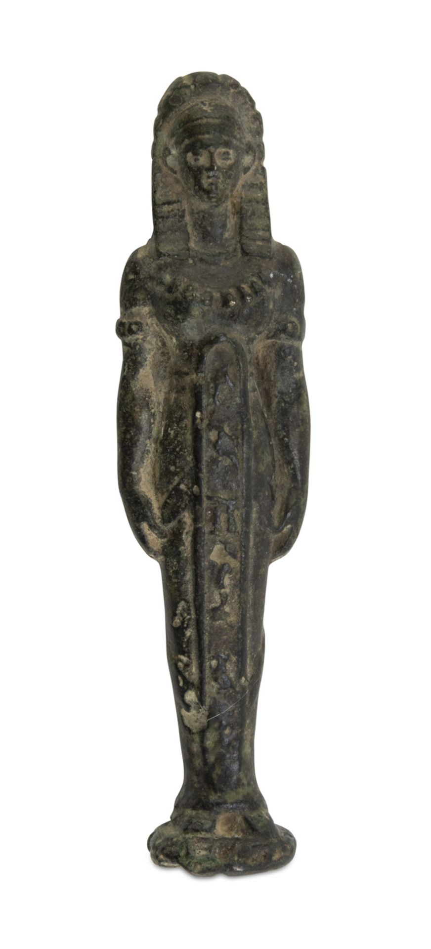 BRONZE USHABTI, EGYPTIAN STYLE, EARLY 20TH CENTURY engrave with pictographic motifs. h. cm. 12.