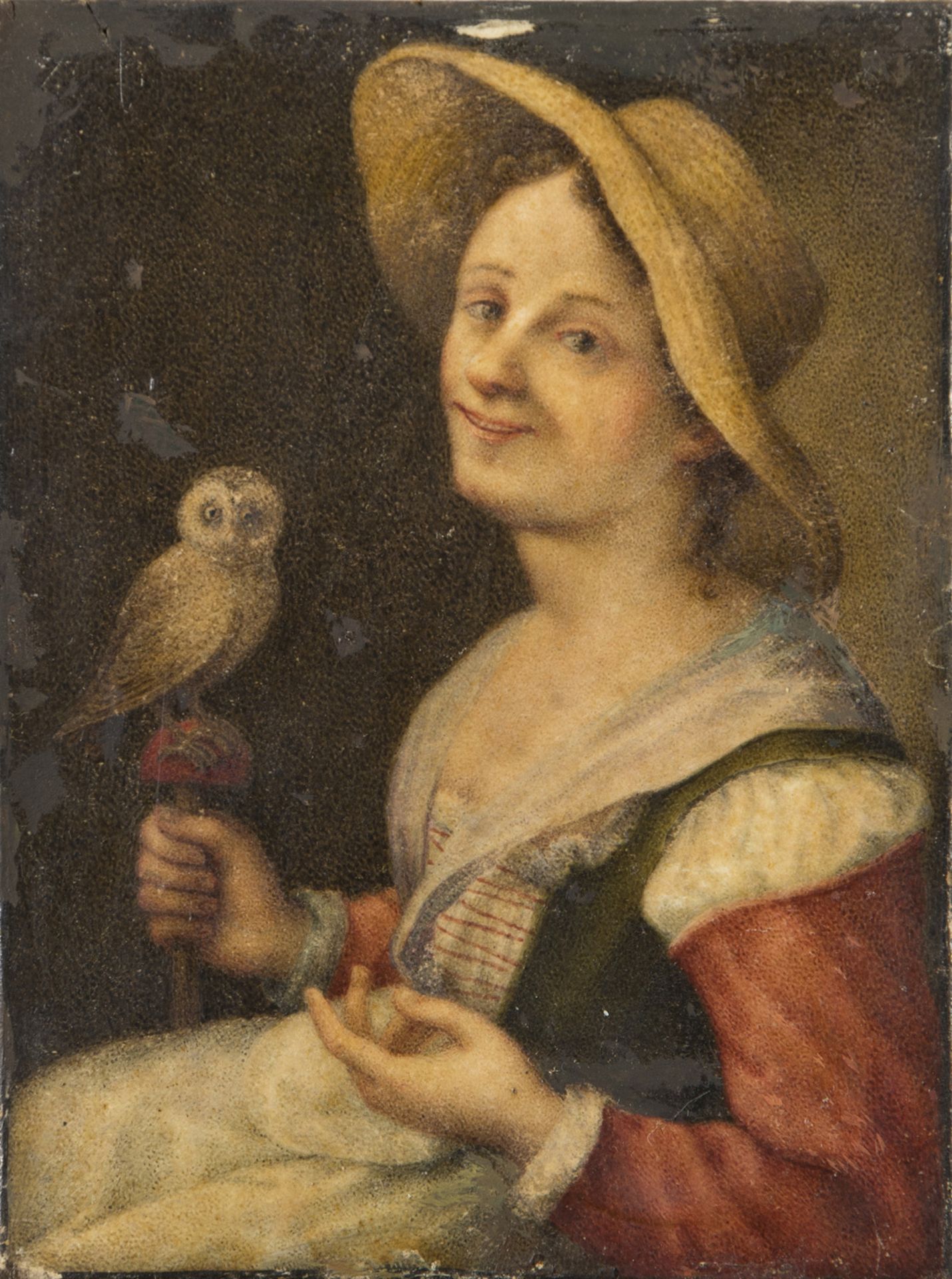 LOMBARD PAINTER, LATE 16TH CENTURY WOMAN WITH BIRD PORTRAIT OF A COOK Pair of miniatures on