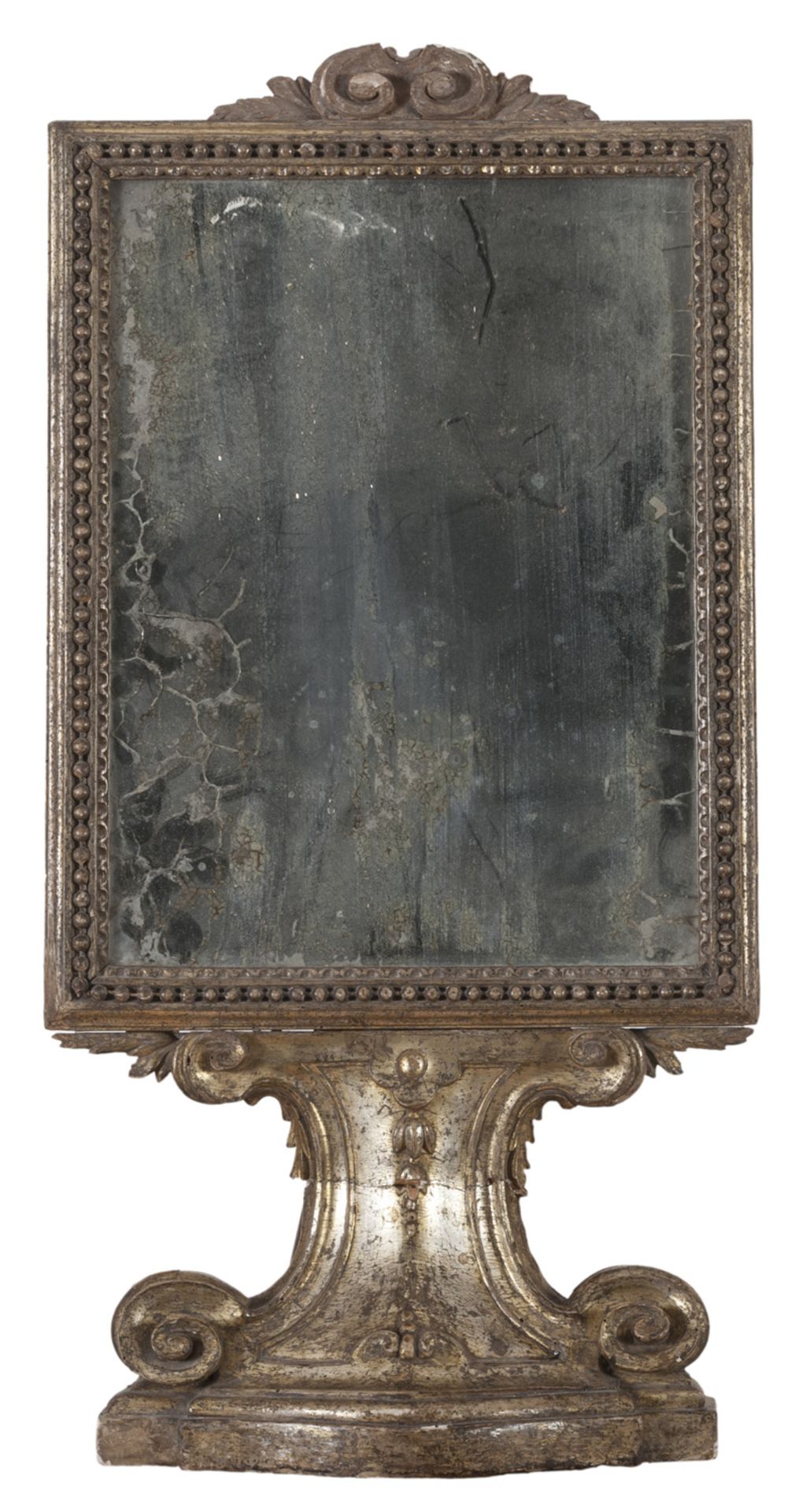 ALTAR MIRROR IN SILVER-PLATED WOOD, PAPAL STATES 18TH CENTURY frame with fluted edges and pearl