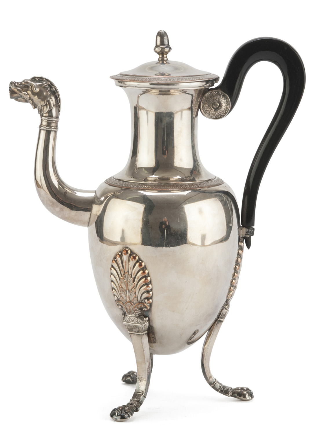 SILVER TEAPOT, EARLY 20TH CENTURY Empire style, with zoomorphic spout, wooden handle, claw feet.