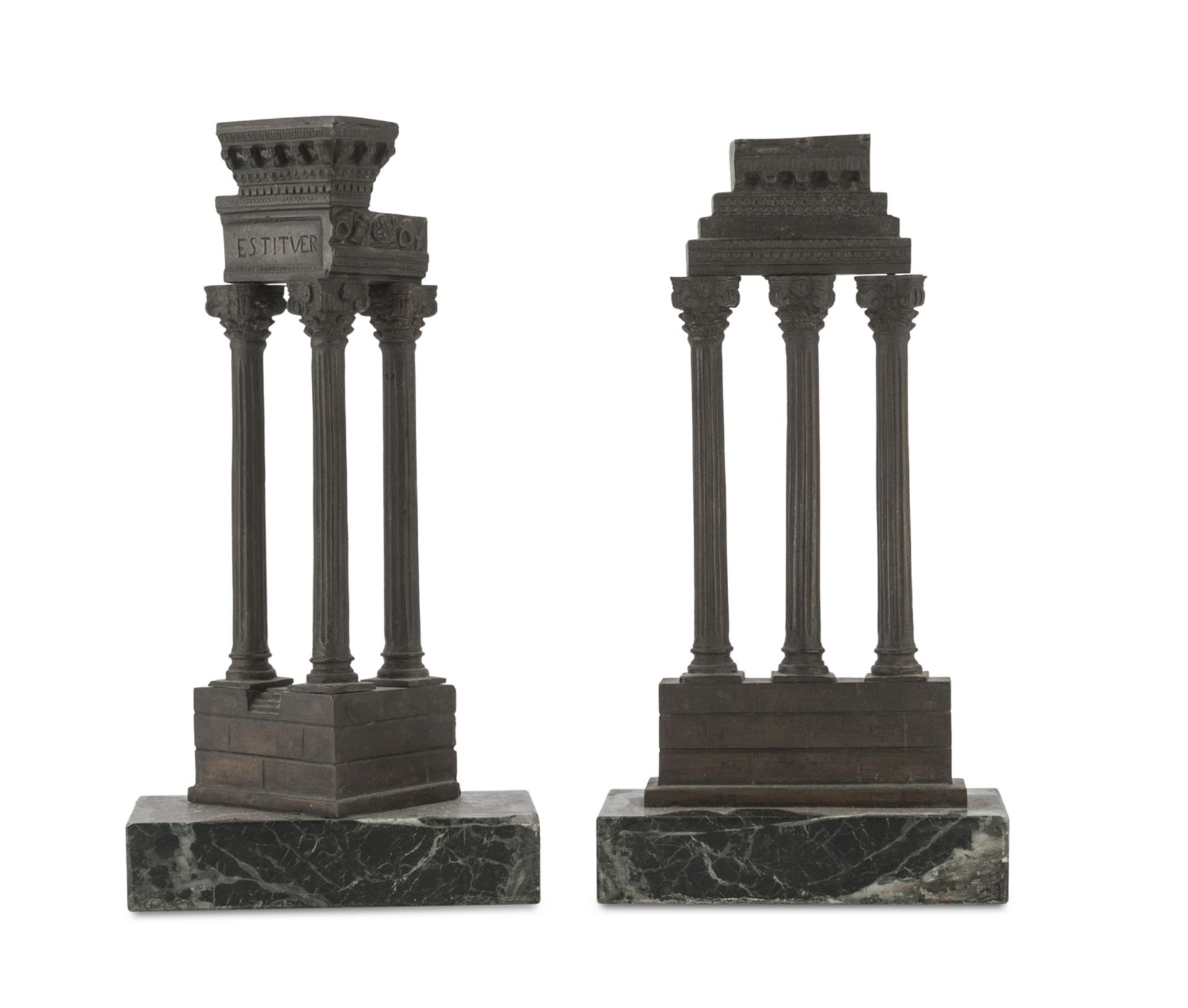 TWO ARCHITECTURE MODELS, 20TH CENTURY in bronze with burnished patina, representing colonnades