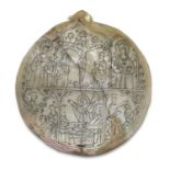 NACRE SHELL, TRAPANI 18TH CENTURY engraved with devotional motifs and crucifixion. Measures cm. 12 x