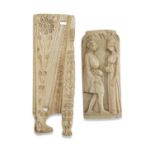 TWO FRAGMENTS IN IVORY, 16TH CENTURY carved to nuptial scene and Carthusian motif with zoomorphic