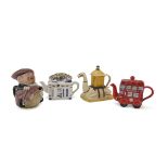 Four Ceramic Teapots, England EARLY 20TH CENTURY in polychrome enamel, shaped to camel, innkeeper,